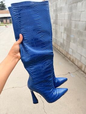 Simms Blue Croc-Embossed Over-the-Knee Pointed Heel Boots